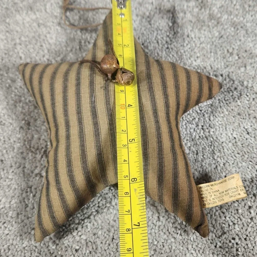 Star Ornament Tan Black Striped Ticking Jingle Bells Fabric Vintage Style Decor